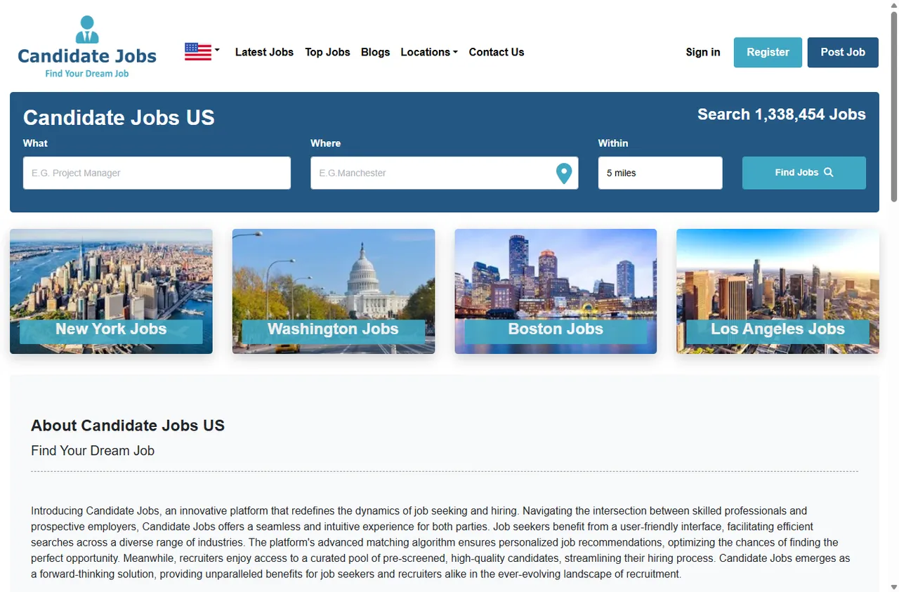 The Candidate Jobs US homepage with job search and US city tiles