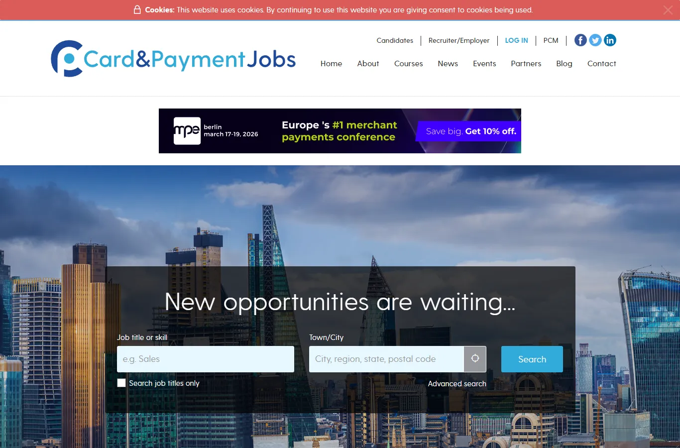 The Card and Payment Jobs homepage with job search over a city skyline