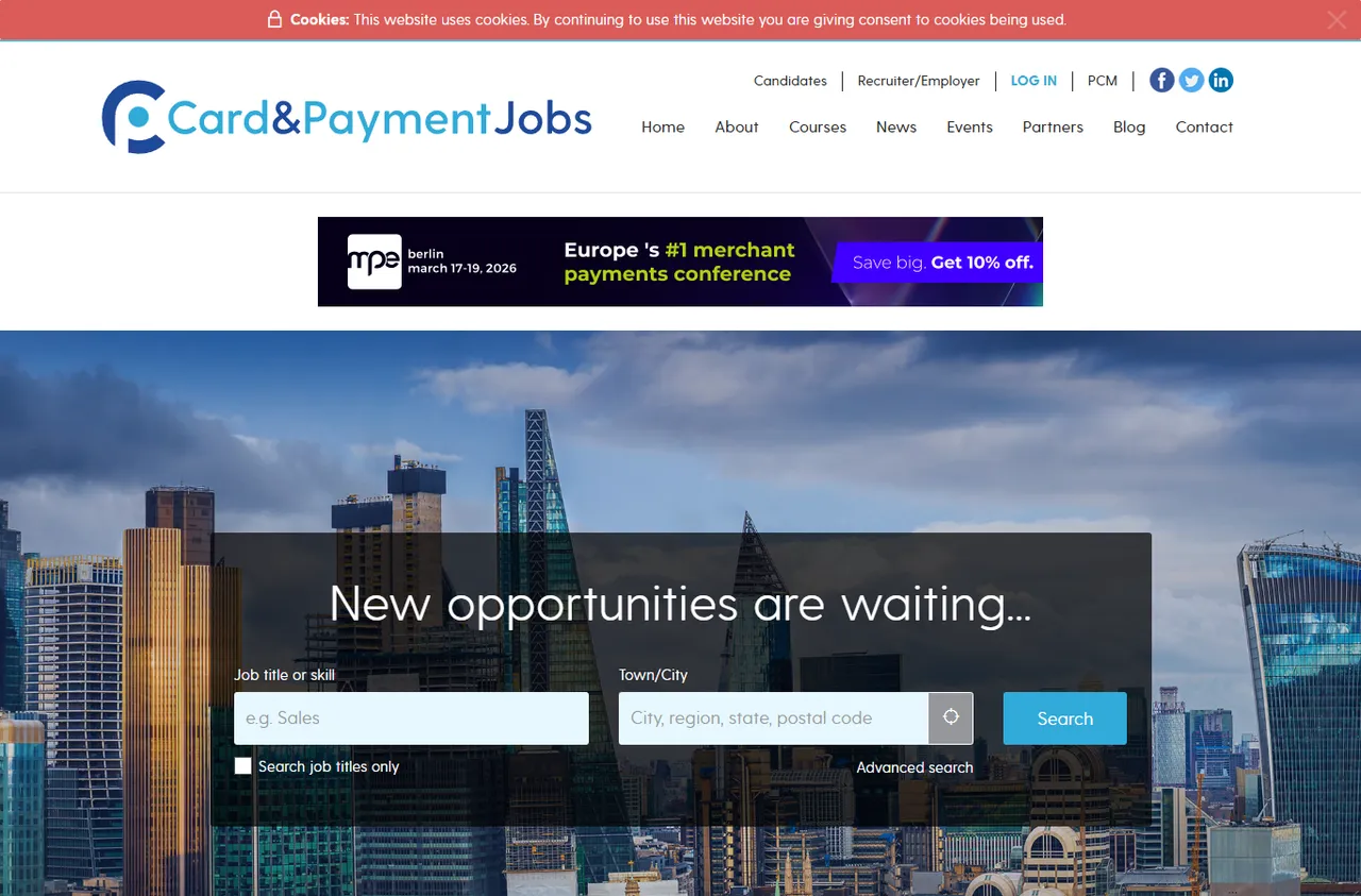 The Card and Payment Jobs homepage with job search over a city skyline