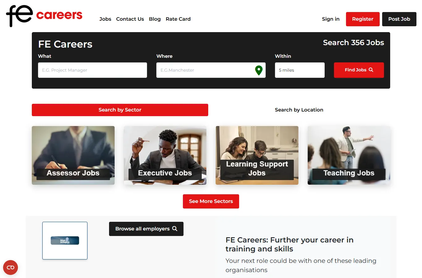 The FE Careers homepage with job search and FE job categories