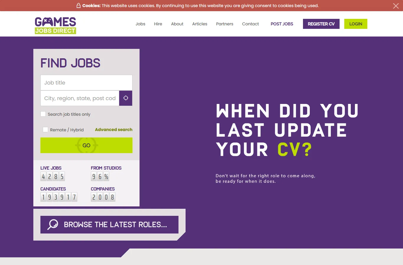 The Games Jobs Direct homepage with job search and live job counters