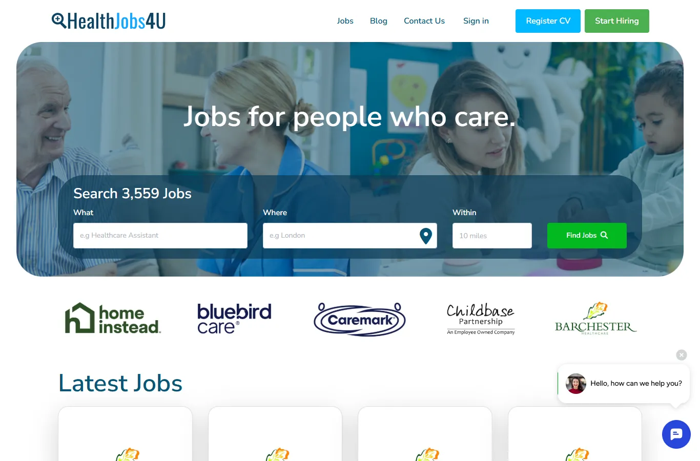 The Health Jobs 4u homepage with healthcare job search