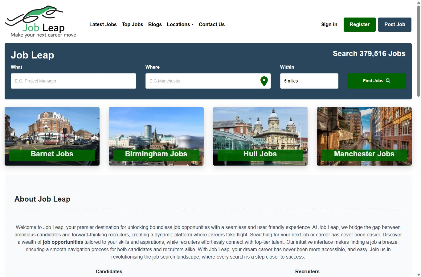The Job Leap homepage showing job search and popular UK locations