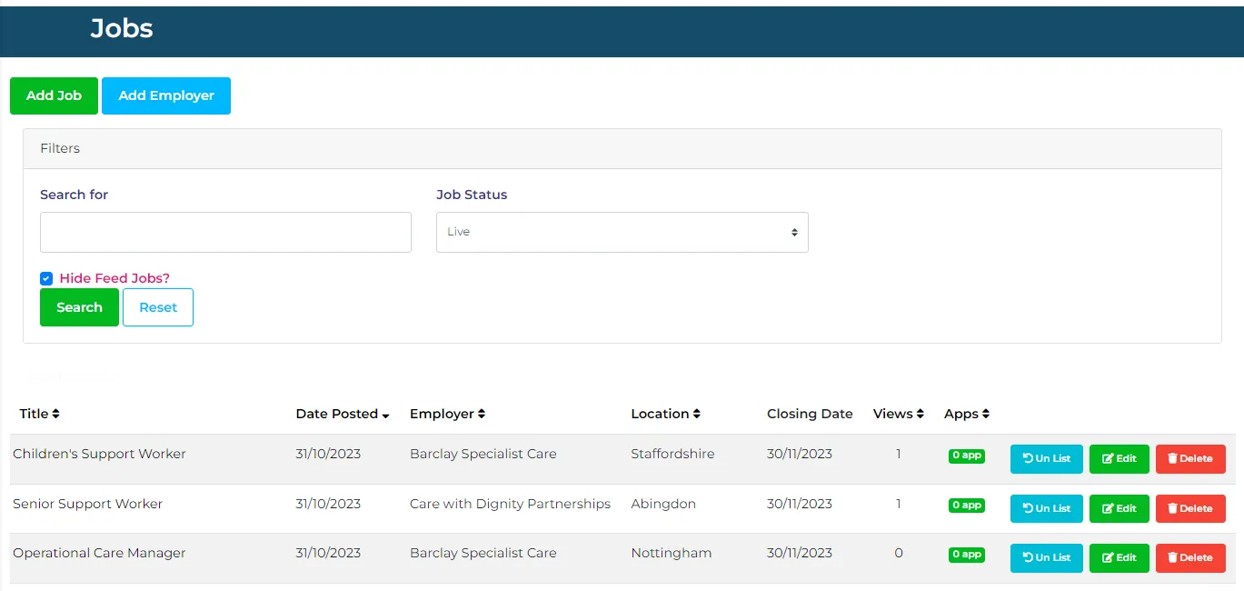 The job management admin screen listing jobs with filters