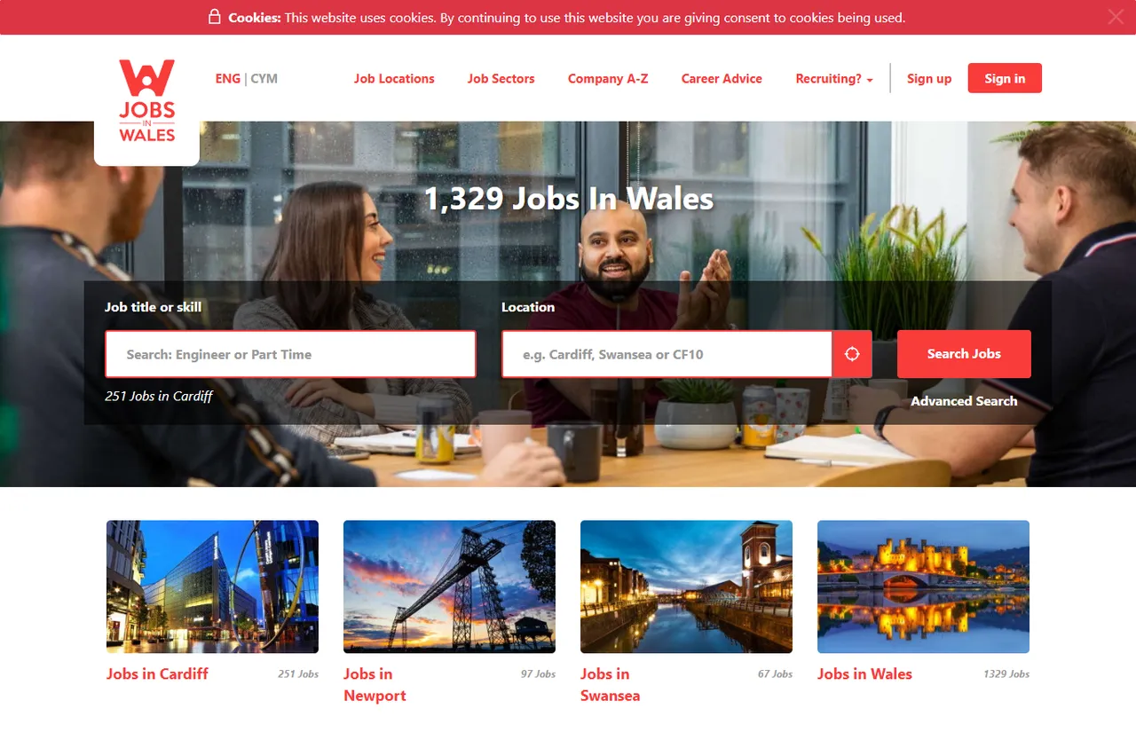 The Jobs in Wales homepage with job search and Welsh city tiles