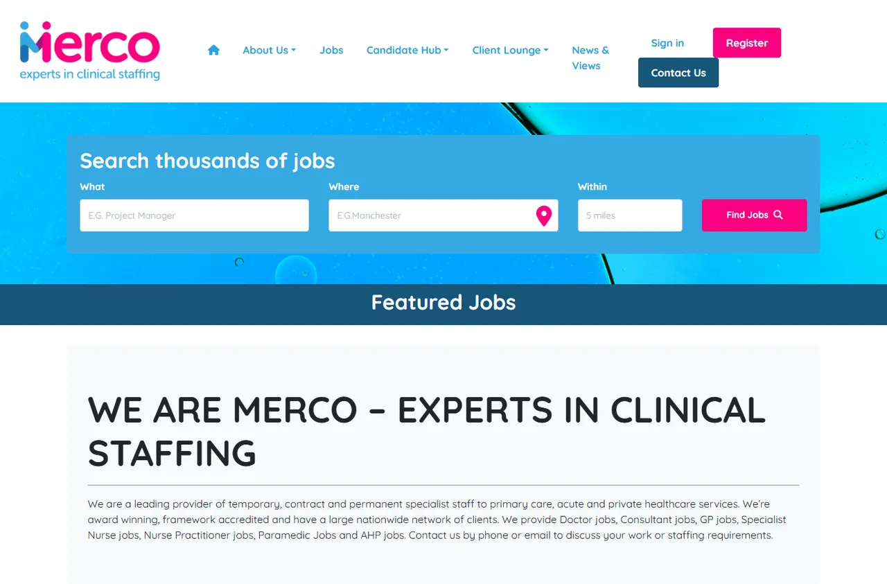 The Merco homepage with job search and featured medical jobs