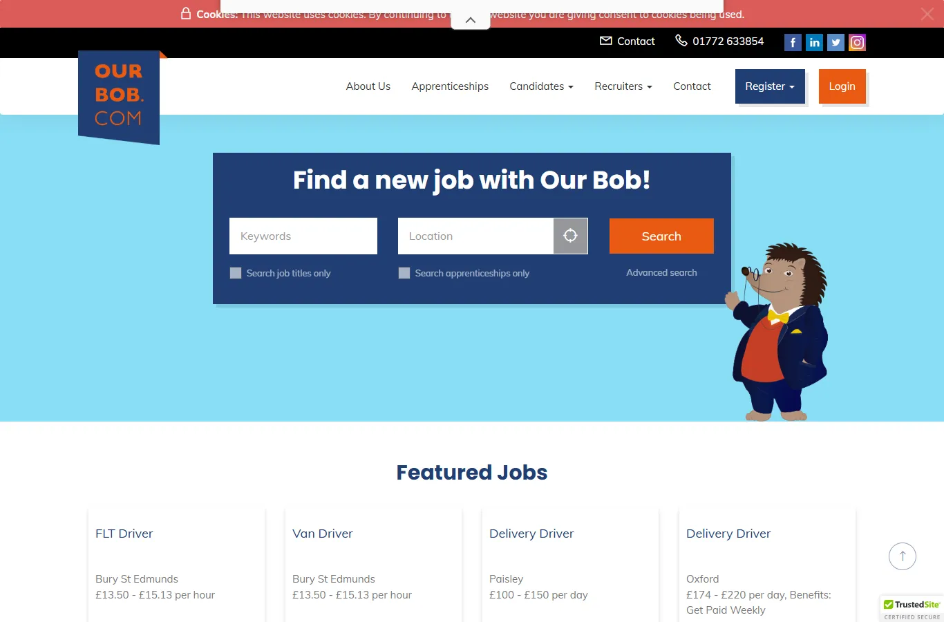 The Our Bob homepage with job search and featured jobs