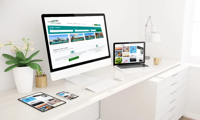 A job board shown across desktop, laptop, tablet and mobile