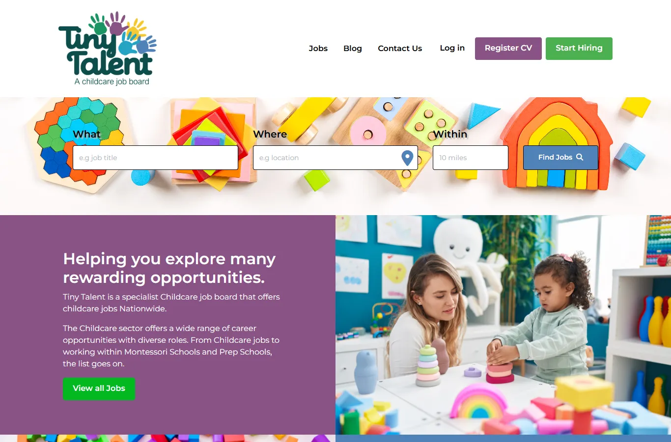 The Tiny Talent childcare job board homepage with job search